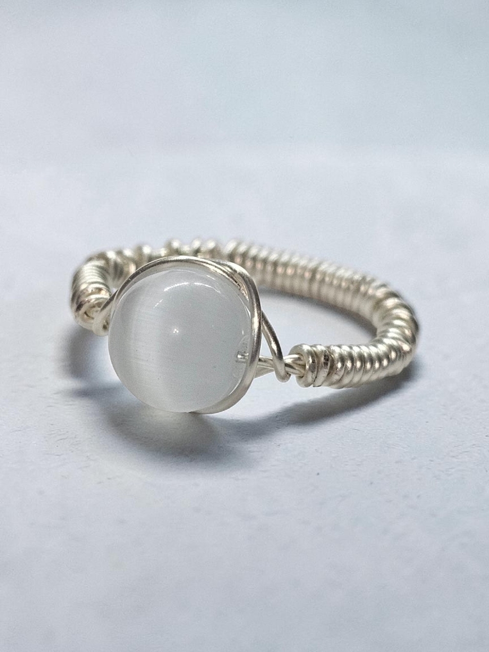 Handcrafted Silver Wire Ring with White Moonstone Cabochon